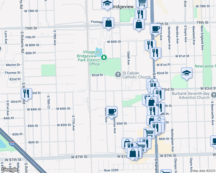 map of restaurants, bars, coffee shops, grocery stores, and more near 7501 West 83rd Street in Bridgeview