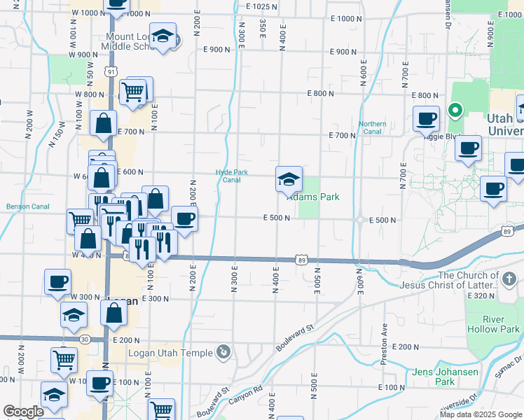 map of restaurants, bars, coffee shops, grocery stores, and more near 396 East 500 North in Logan