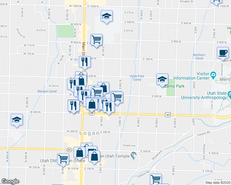 map of restaurants, bars, coffee shops, grocery stores, and more near 179 East 500 North in Logan