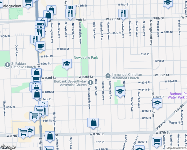 map of restaurants, bars, coffee shops, grocery stores, and more near 8303 New Castle Avenue in Burbank