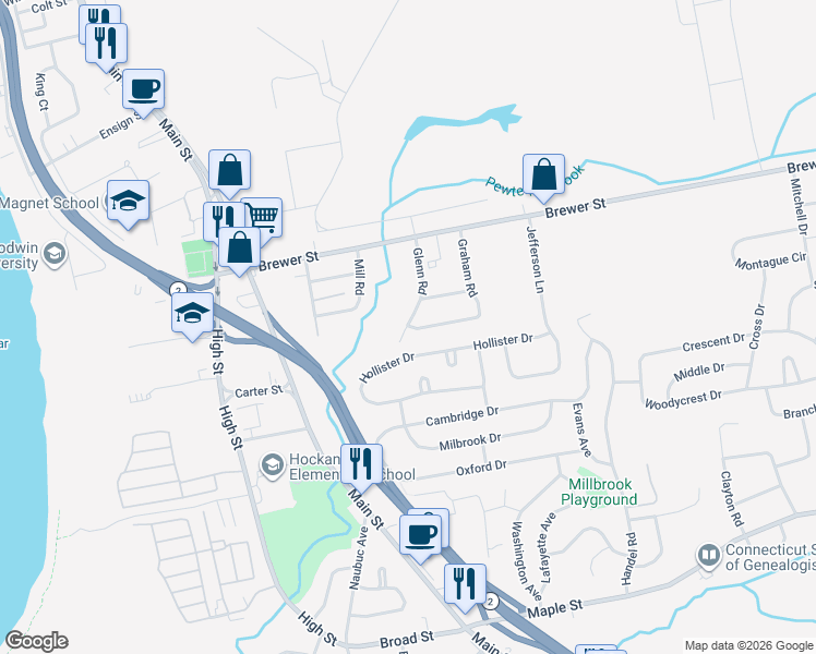 map of restaurants, bars, coffee shops, grocery stores, and more near Graham Road & Glenn Road in East Hartford