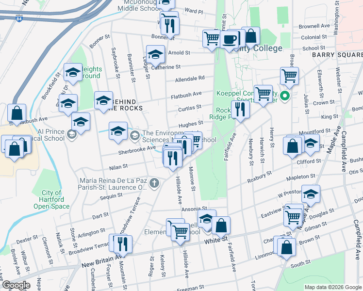 map of restaurants, bars, coffee shops, grocery stores, and more near 394 Hillside Avenue in Hartford