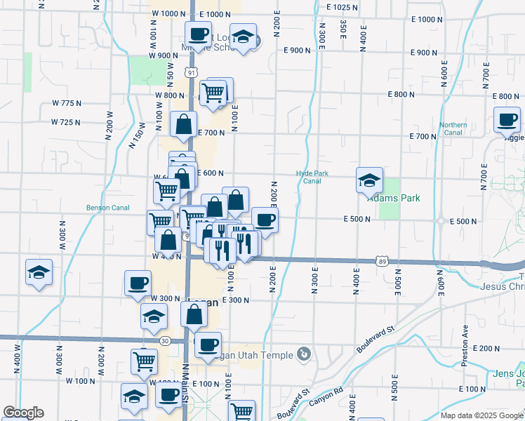 map of restaurants, bars, coffee shops, grocery stores, and more near 204 East 500 North in Logan