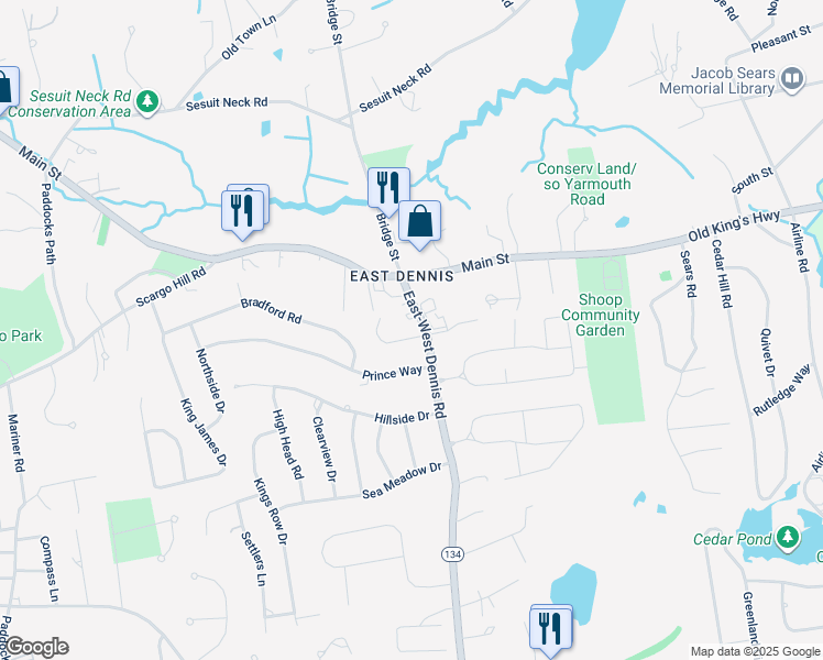 map of restaurants, bars, coffee shops, grocery stores, and more near 1357 Massachusetts 134 in Dennis