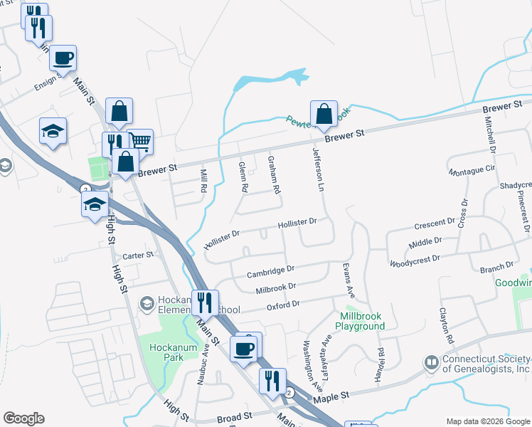 map of restaurants, bars, coffee shops, grocery stores, and more near 220 Hollister Drive in East Hartford