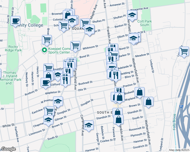 map of restaurants, bars, coffee shops, grocery stores, and more near 74 Bushnell Street in Hartford