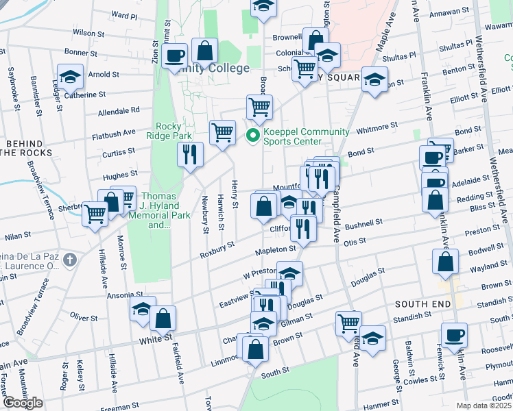 map of restaurants, bars, coffee shops, grocery stores, and more near 1910 Broad Street in Hartford