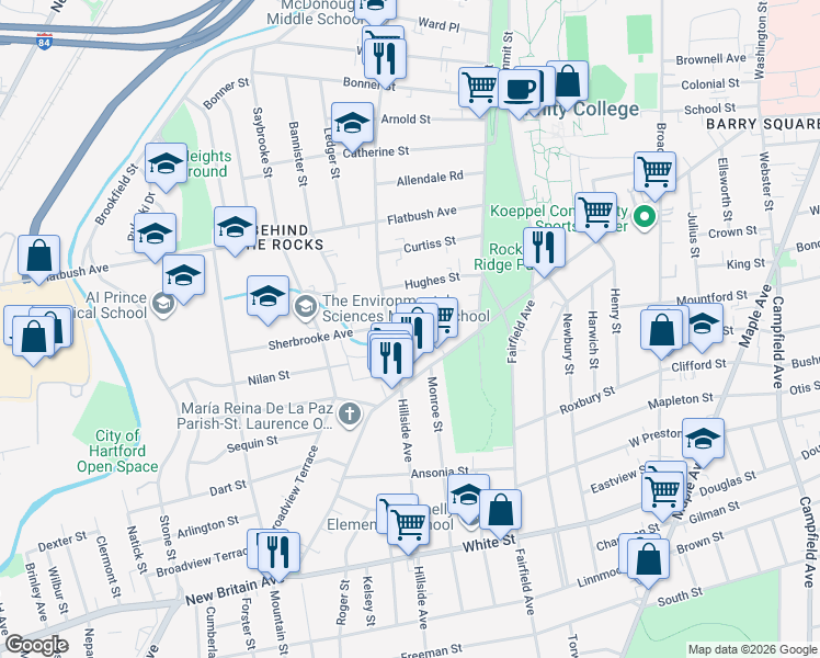 map of restaurants, bars, coffee shops, grocery stores, and more near 394 Hillside Avenue in Hartford