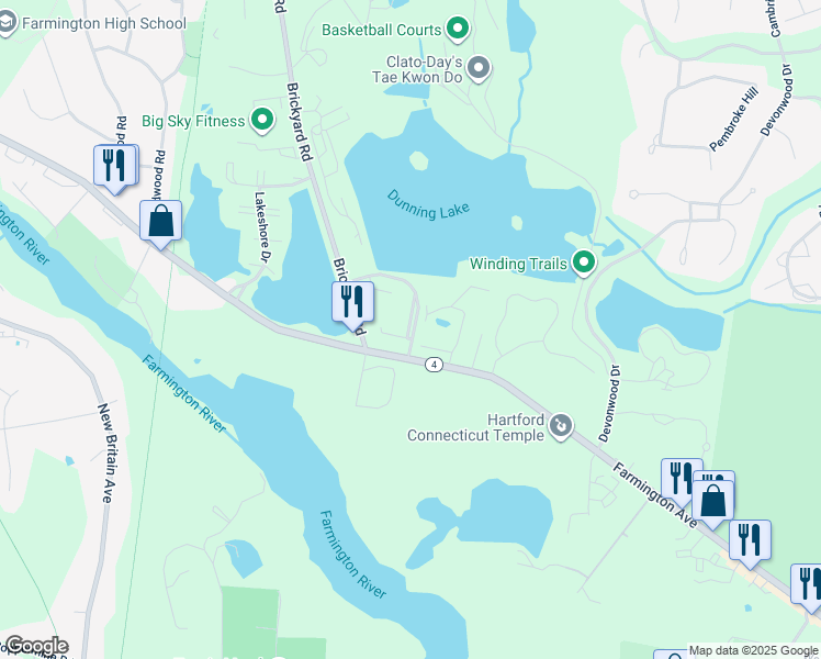 map of restaurants, bars, coffee shops, grocery stores, and more near 1232 Farmington Avenue in Farmington