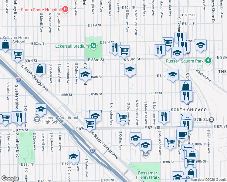 map of restaurants, bars, coffee shops, grocery stores, and more near 8510 South Kingston Avenue in Chicago