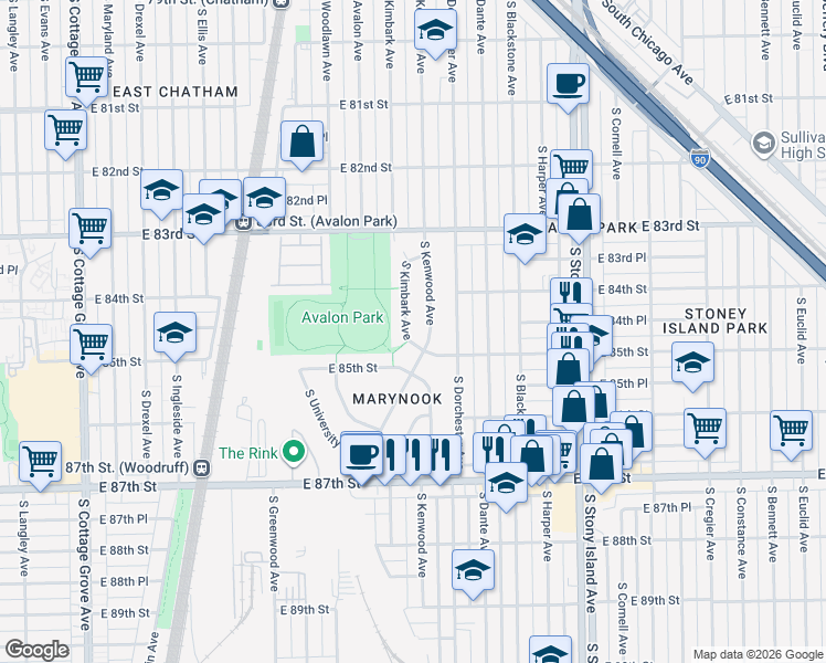map of restaurants, bars, coffee shops, grocery stores, and more near 8454 South Kimbark Avenue in Chicago
