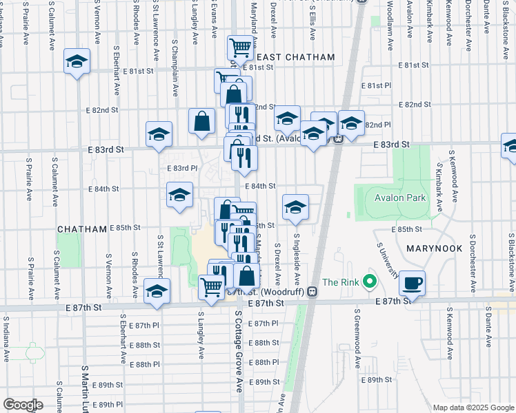 map of restaurants, bars, coffee shops, grocery stores, and more near 8458 South Drexel Avenue in Chicago