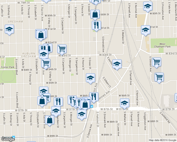 map of restaurants, bars, coffee shops, grocery stores, and more near 8432 South Green Street in Chicago