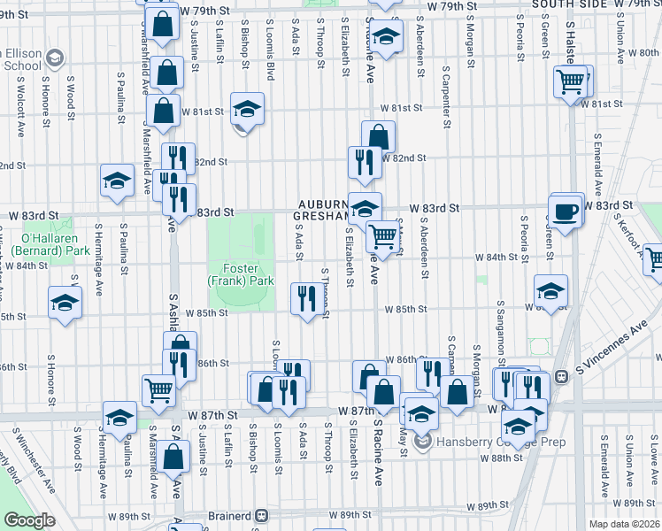 map of restaurants, bars, coffee shops, grocery stores, and more near 8427 South Throop Street in Chicago
