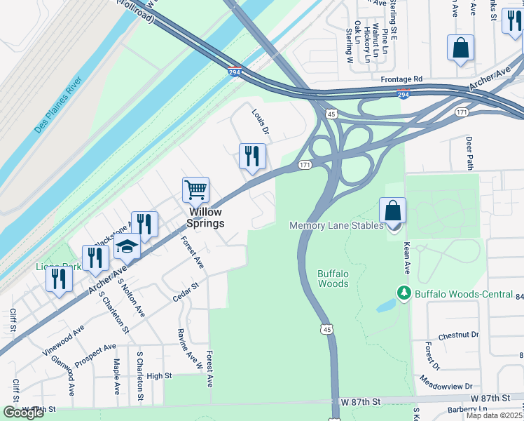 map of restaurants, bars, coffee shops, grocery stores, and more near 200 Willow Lane in Willow Springs