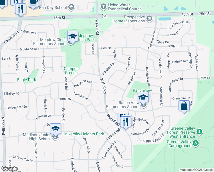 map of restaurants, bars, coffee shops, grocery stores, and more near 1428 Duquesne Avenue in Naperville