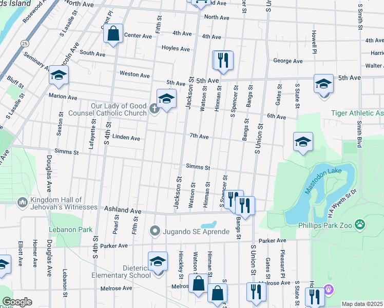 map of restaurants, bars, coffee shops, grocery stores, and more near 746 Watson Street in Aurora