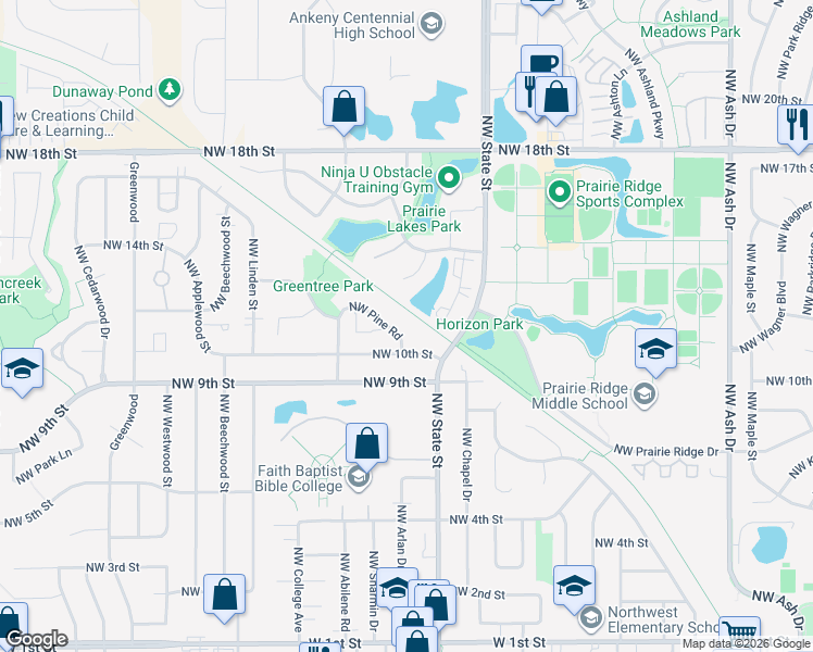 map of restaurants, bars, coffee shops, grocery stores, and more near 1614 Northwest 10th Street in Ankeny