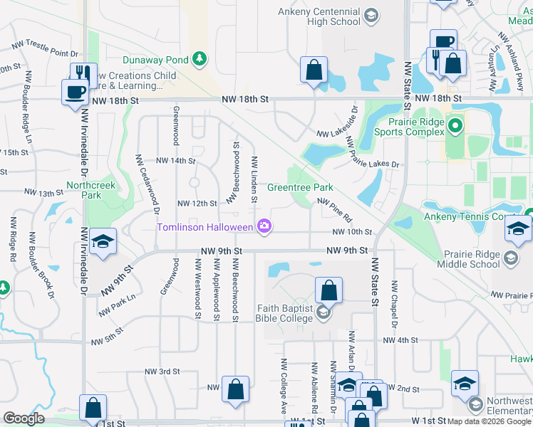 map of restaurants, bars, coffee shops, grocery stores, and more near 2110 Northwest 10th Street in Ankeny