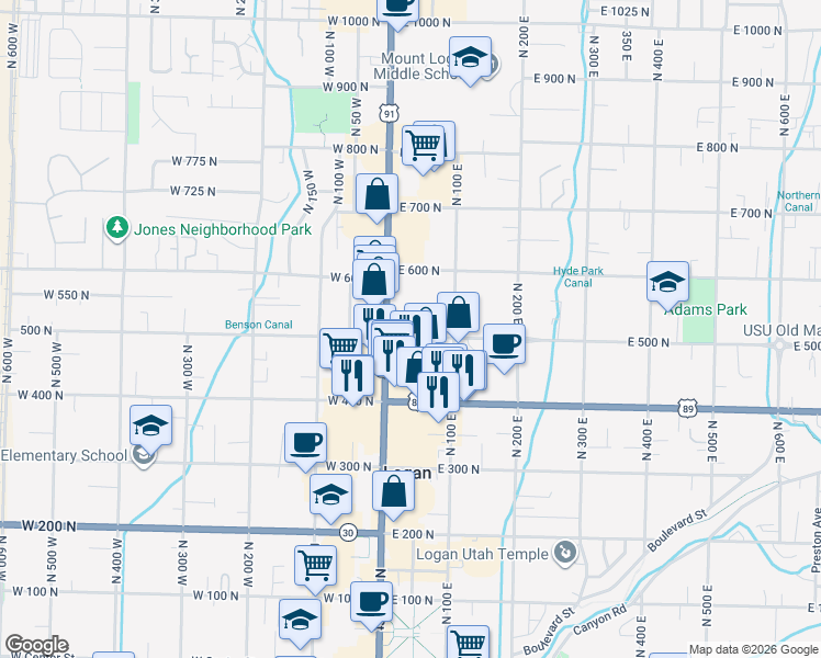 map of restaurants, bars, coffee shops, grocery stores, and more near 35 East 500 North in Logan