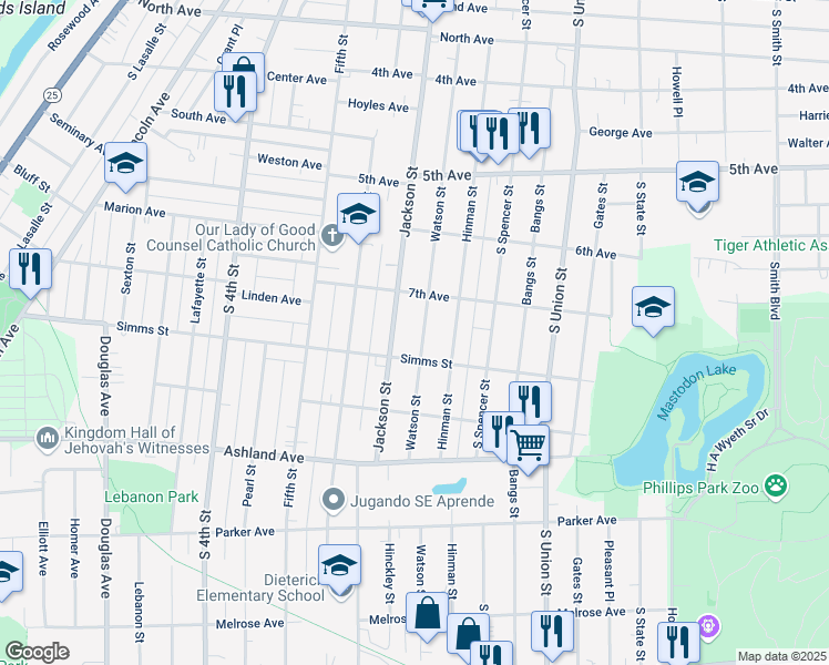 map of restaurants, bars, coffee shops, grocery stores, and more near 746 Watson Street in Aurora