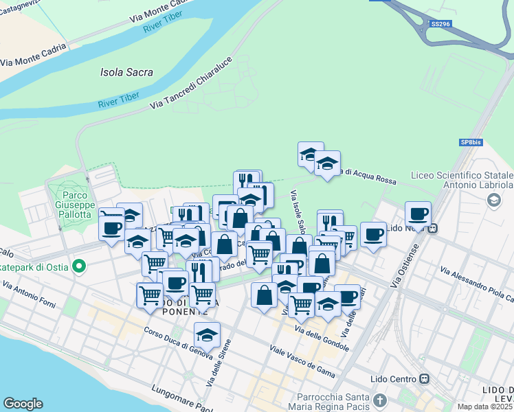 map of restaurants, bars, coffee shops, grocery stores, and more near 177 Via delle Azzorre in Lido di Ostia