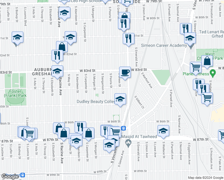 map of restaurants, bars, coffee shops, grocery stores, and more near 8432 South Peoria Street in Chicago