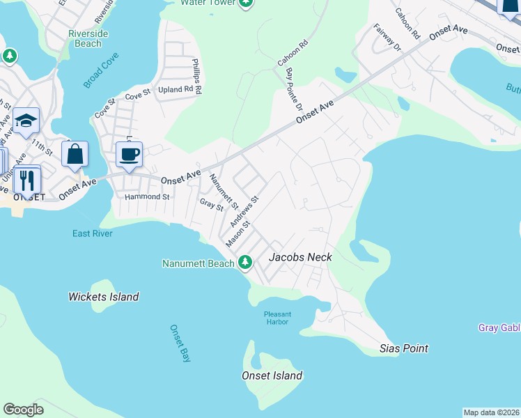 map of restaurants, bars, coffee shops, grocery stores, and more near 36 Nanumett Street in Wareham