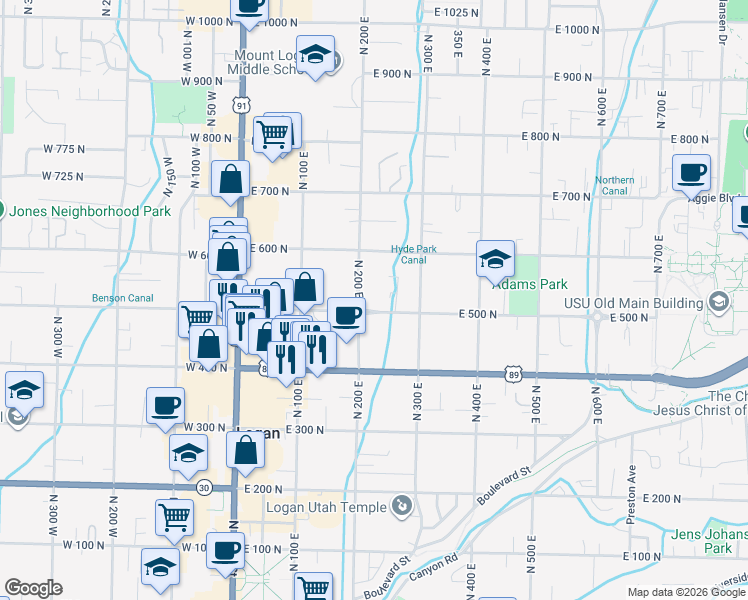 map of restaurants, bars, coffee shops, grocery stores, and more near 204 East 500 North in Logan