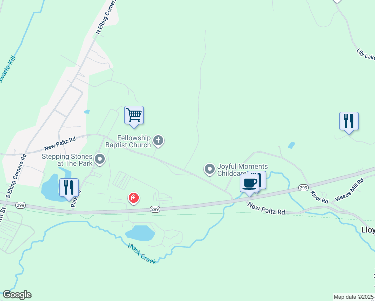 map of restaurants, bars, coffee shops, grocery stores, and more near 7 Roxanne Boulevard in Highland