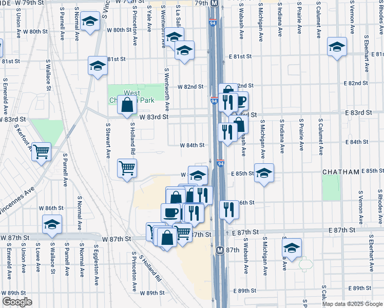 map of restaurants, bars, coffee shops, grocery stores, and more near 158 West 84th Street in Chicago