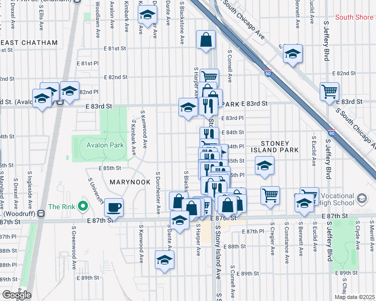 map of restaurants, bars, coffee shops, grocery stores, and more near 1501 East 84th Street in Chicago