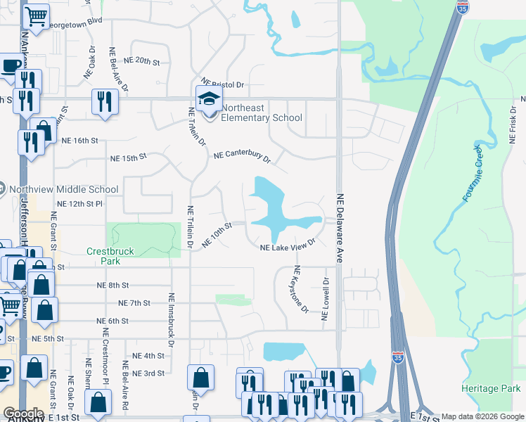 map of restaurants, bars, coffee shops, grocery stores, and more near 1002 Northeast Fountain View Drive in Ankeny
