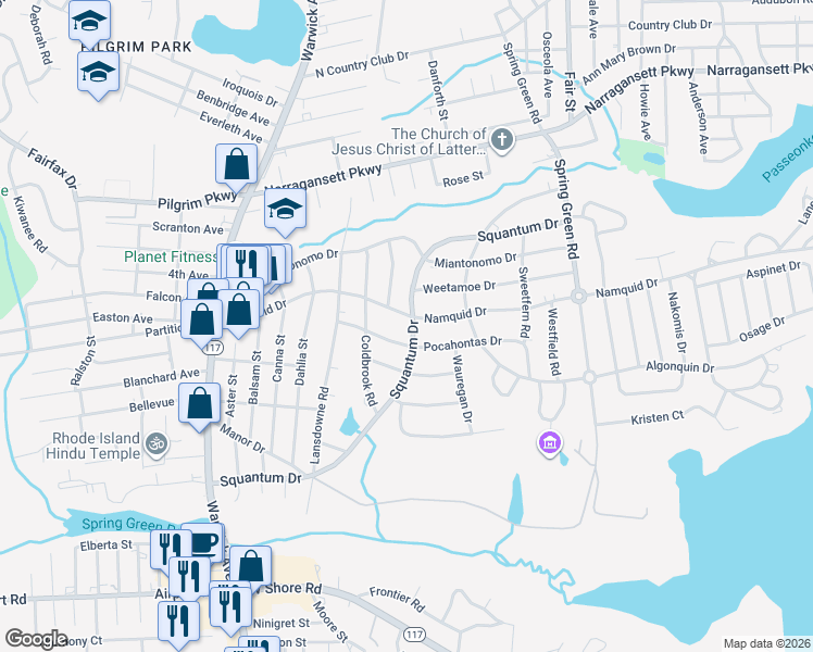 map of restaurants, bars, coffee shops, grocery stores, and more near 778 Namquid Drive in Warwick