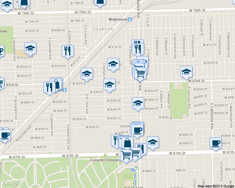 map of restaurants, bars, coffee shops, grocery stores, and more near 3315 West 83rd Place in Chicago