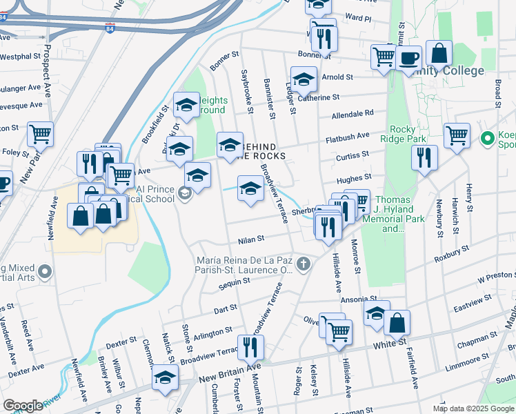 map of restaurants, bars, coffee shops, grocery stores, and more near 200 Sherbrooke Avenue in Hartford
