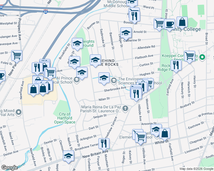 map of restaurants, bars, coffee shops, grocery stores, and more near 200 Sherbrooke Avenue in Hartford