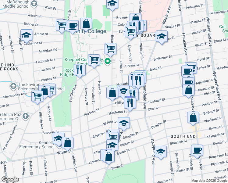 map of restaurants, bars, coffee shops, grocery stores, and more near in Hartford