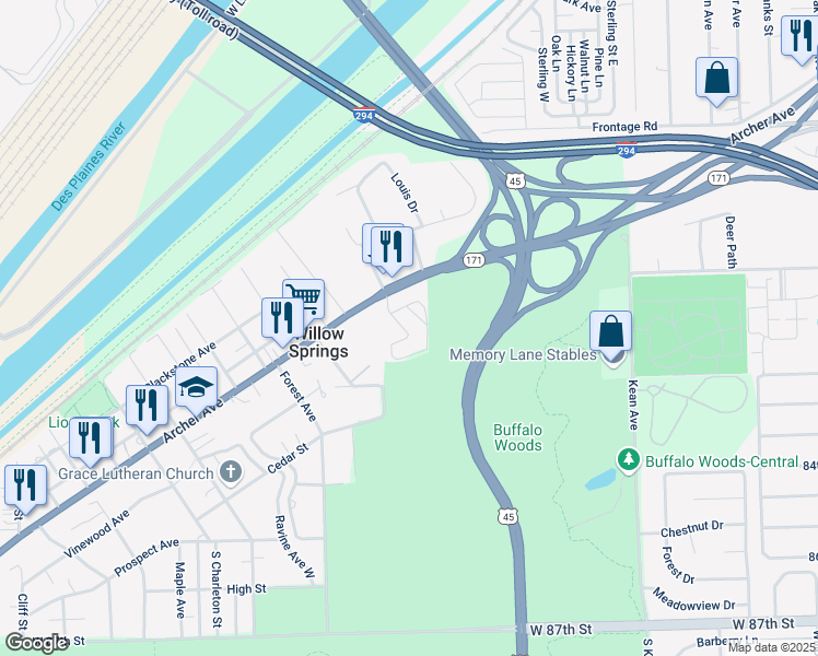 map of restaurants, bars, coffee shops, grocery stores, and more near 8000 Archer Avenue in Willow Springs