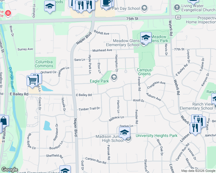 map of restaurants, bars, coffee shops, grocery stores, and more near 724 Bakewell Lane in Naperville