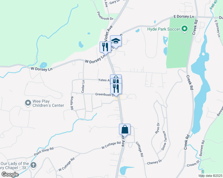 map of restaurants, bars, coffee shops, grocery stores, and more near Ripken Lane in Poughkeepsie