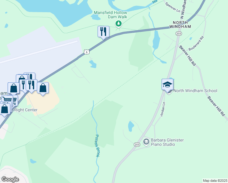 map of restaurants, bars, coffee shops, grocery stores, and more near Airline North State Park Trail in Windham County