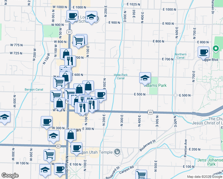 map of restaurants, bars, coffee shops, grocery stores, and more near 90 Brookside Place in Logan