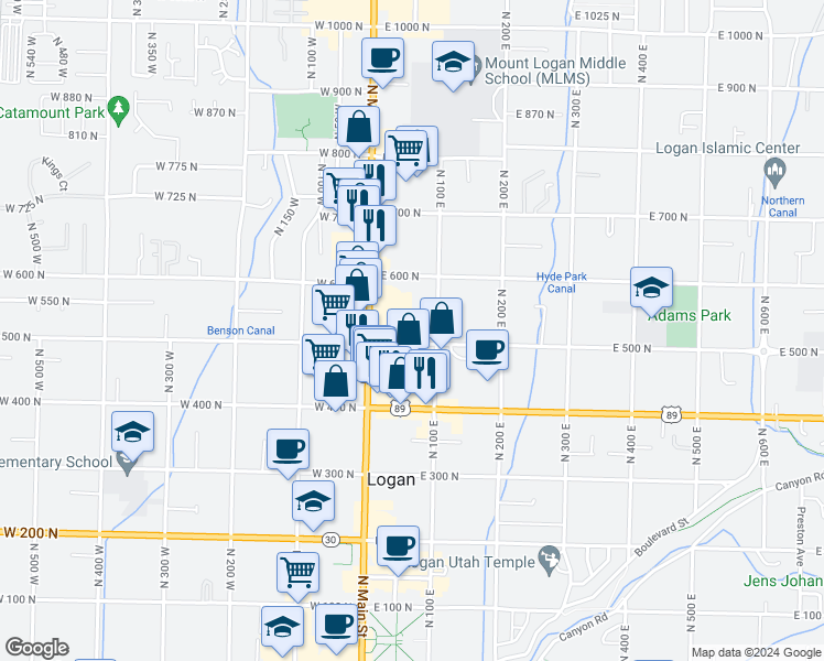 map of restaurants, bars, coffee shops, grocery stores, and more near 567 North 100 East in Logan