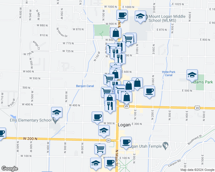 map of restaurants, bars, coffee shops, grocery stores, and more near 558 North 100 West in Logan
