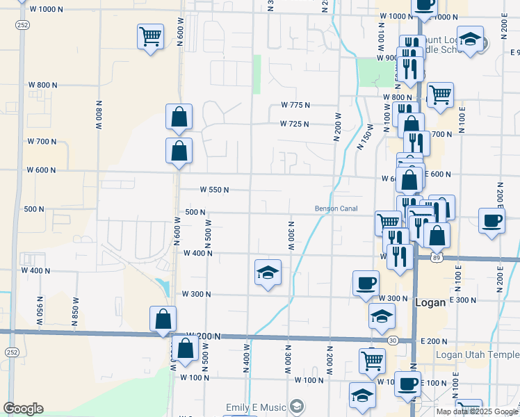 map of restaurants, bars, coffee shops, grocery stores, and more near 540 North 400 West in Logan