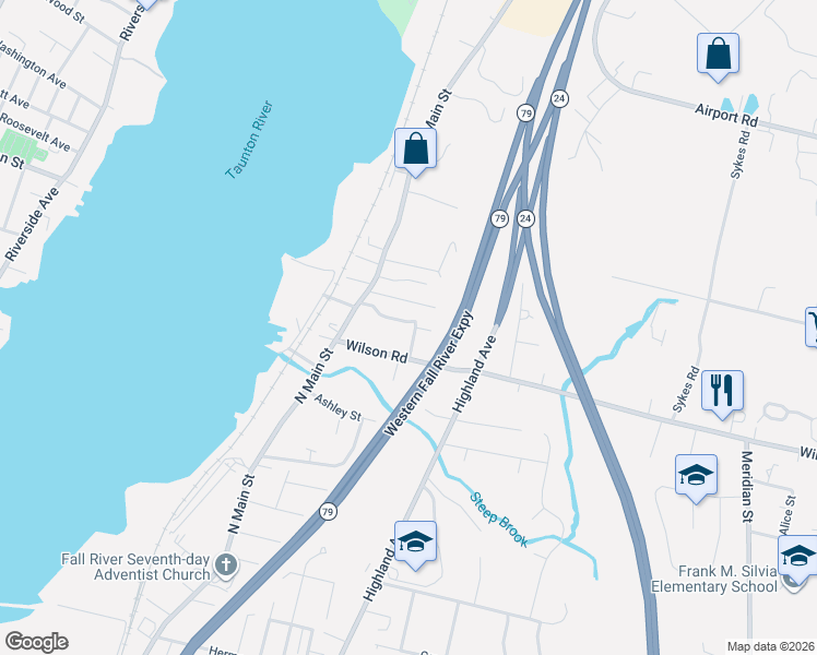 map of restaurants, bars, coffee shops, grocery stores, and more near 55 Dewey Street in Fall River