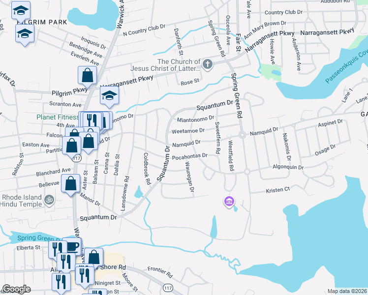 map of restaurants, bars, coffee shops, grocery stores, and more near 191 Algonquin Drive in Warwick