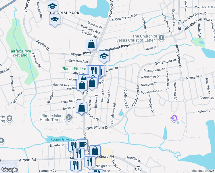 map of restaurants, bars, coffee shops, grocery stores, and more near 5 Dahlia Street in Warwick