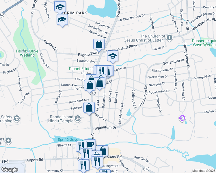map of restaurants, bars, coffee shops, grocery stores, and more near 945 Namquid Drive in Warwick